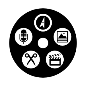 A black and white icon of a film reel, each hole in the reel has an icon relating to a different part of video production within it